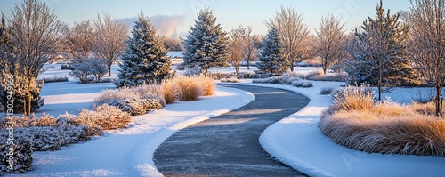 Soft winter to spring transition, melting snow blankets frosted plants, morning light casts a gentle glow, frosted trees, peaceful snowy path winding through the landscape  ar 169