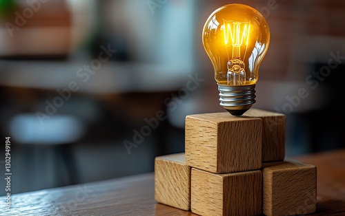 Stacked wooden cubes with a glowing yellow lightbulb on top