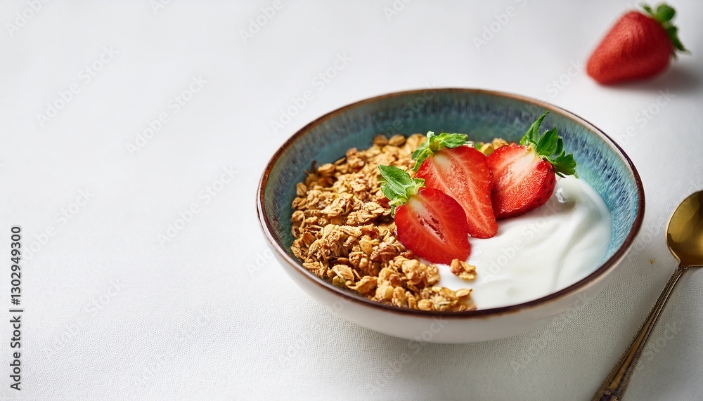 granola with yogurt and strawberries, in a beautiful plate, on a white background, side view granola with yogurt and strawberries, in a beautiful plate, on a white background, side view