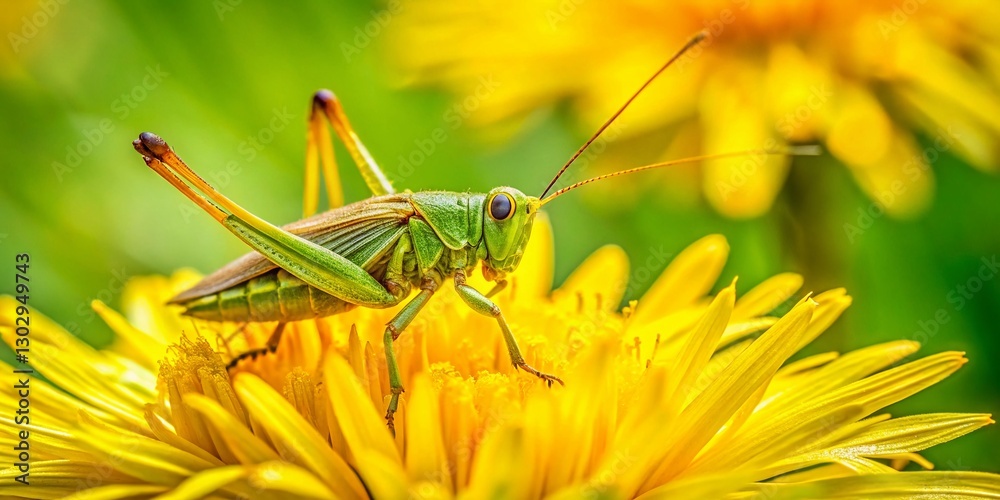 Tiny Grasshopper on Yellow Dandelion - Spring Nature Stock Photo Tiny Grasshopper on Yellow Dandelion - Spring Nature Stock Photo