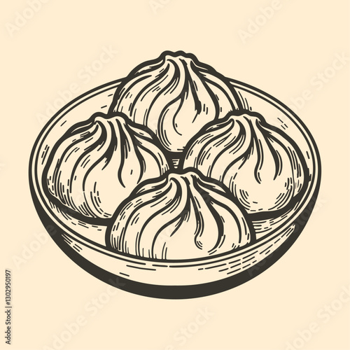 bowl of dumplings vintage sketch