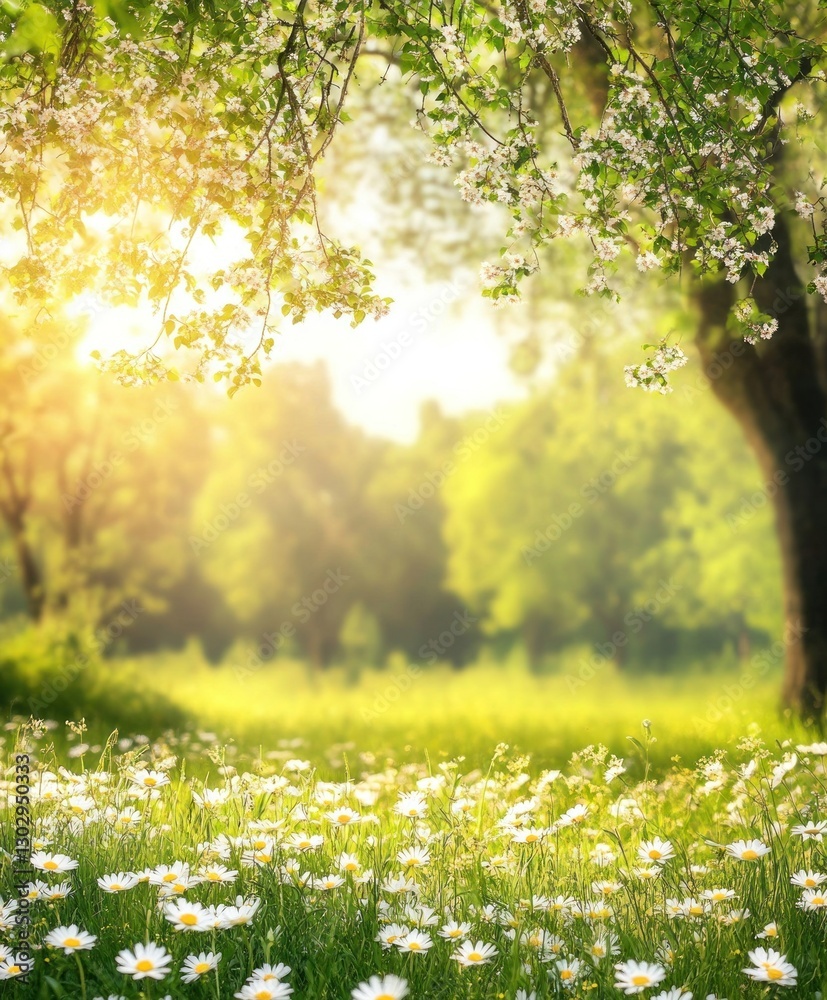 Obraz premium Sunny spring meadow with blooming daisies and trees.