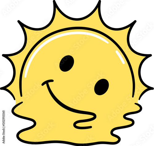 Cartoon Sun melting in puddle, extreme summer heat. Hand drawn doodle, vector clip art illustration.