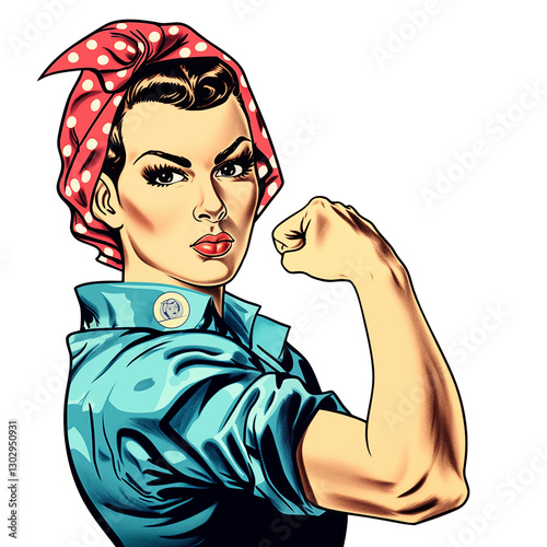Iconic Rosie the Riveter illustration features a strong woman flexing her arm, symbolizing empowerment and feminism. Transparant PNG