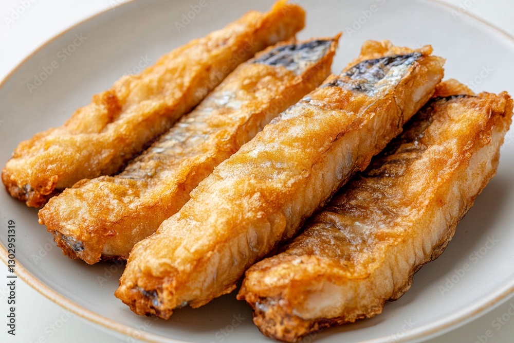 Crispy fried fish fillets arranged on a plate, isolated on white background highlighting the dish Crispy fried fish fillets arranged on a plate, isolated on white background highlighting the dish