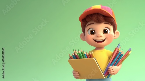 Charming 3D cartoon boy with a set of colored pencils and a drawing pad, against a soft green background