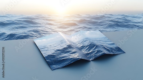 Open book showing ocean sunrise, peaceful, travel inspiration