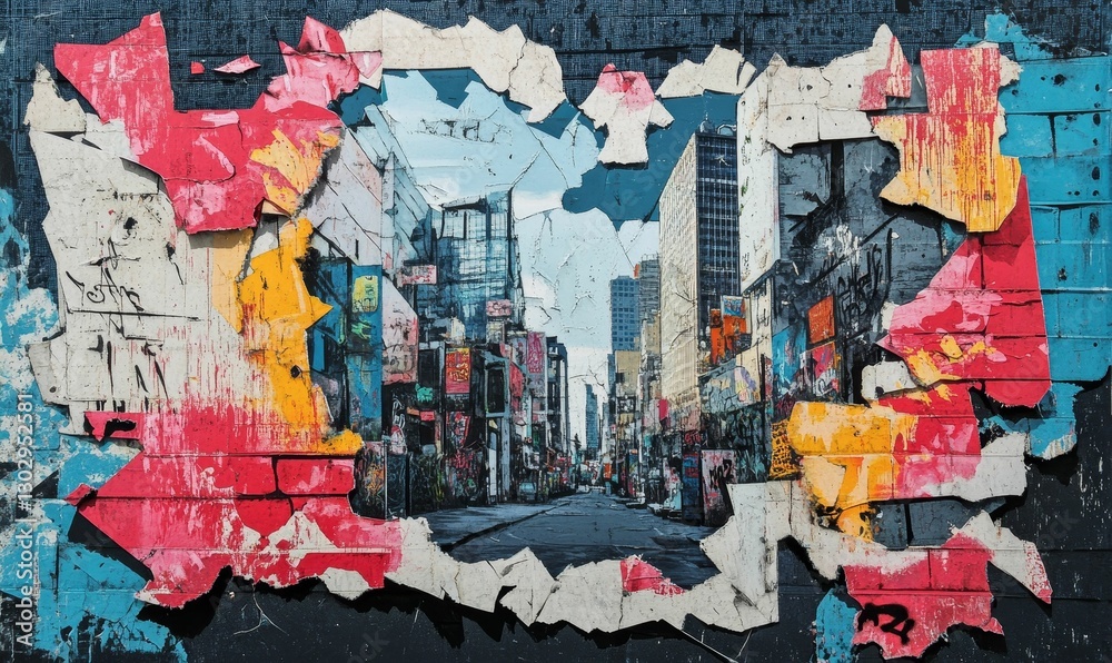 Fototapeta premium Urban cityscape revealed through torn posters.