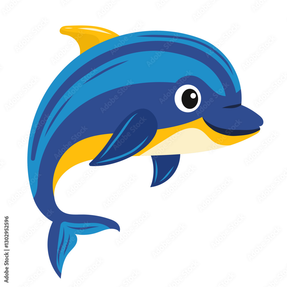Obraz premium Сheerful blue and yellow dolphin on white isolated background. Vector ocean inhabitant in children's cartoon character concept. For characters of sea stories, cartoons, postcards.