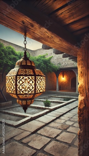 Antique Islamic lantern with intricate arabesque patterns, hanging in a peaceful courtyard, casting golden light on stone walls—perfect for background and wallpaper
