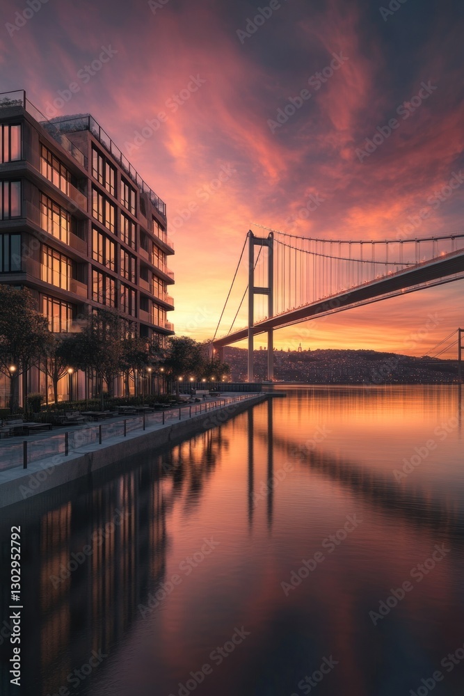 Obraz premium Sunrise cityscape with modern building and bridge reflecting in calm water.