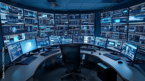 Advanced network security control center with multiple monitors displaying data
