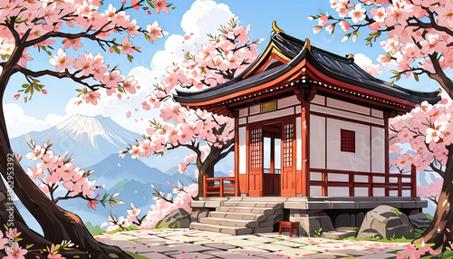 Pagoda with sakura tree, bright colors, Japanese spring landscape
