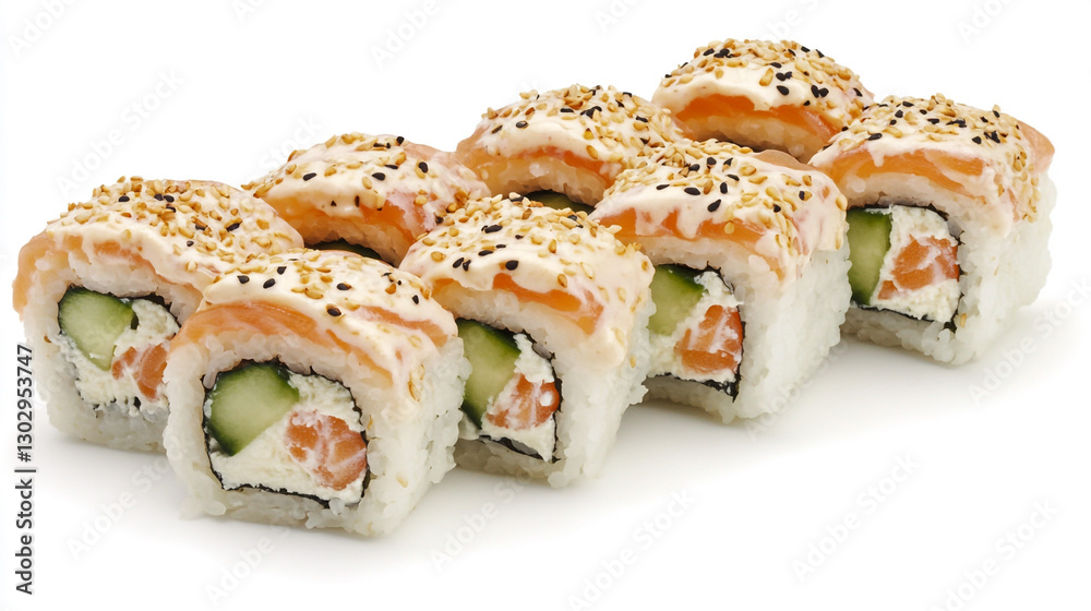 Delicious Salmon Sushi Rolls with Cream Cheese and Cucumber Topped with Sesame Seeds Delicious Salmon Sushi Rolls with Cream Cheese and Cucumber Topped with Sesame Seeds