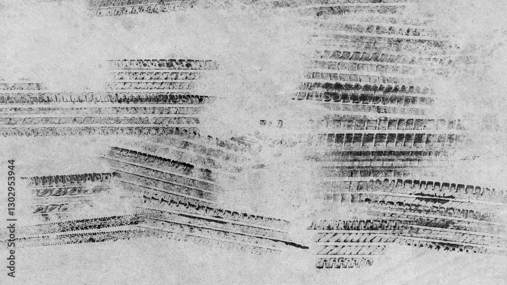Black tire marks on road, Black rubber tire marks and tread marks, Tire trace track wheels texture and background, Auto tire tread grunge, Car wheel tyre tread track black tyre print, Top view.