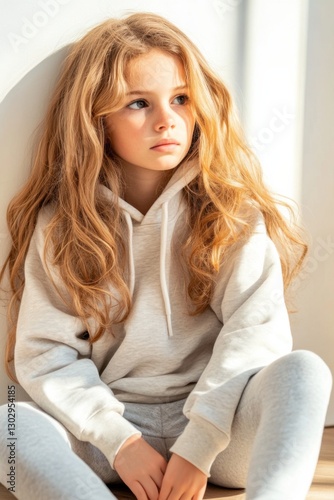 Young girl in a hoodie sitting on the floor, embracing her knees while gazing at a spot in the softly lit room creating a contemplative atmosphere during a quiet moment