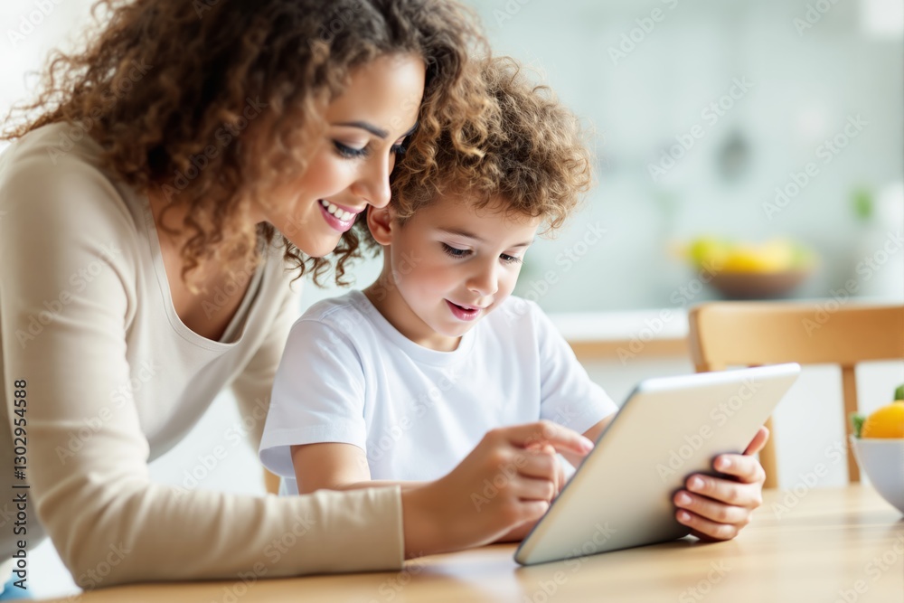 Mother and child using tablet together in kitchen. Mother and child using tablet together in kitchen.