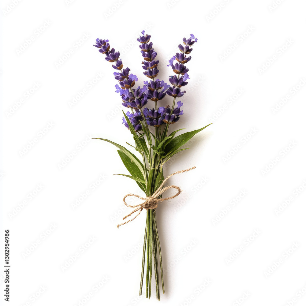 Obraz premium Lavender bouquet tied with twine on white background