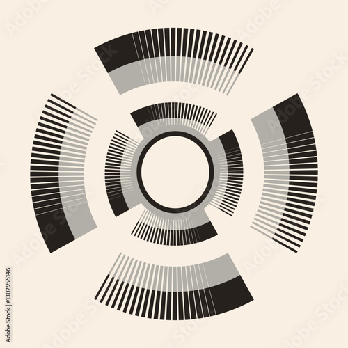 Black grey circle segments as fan shape. Round striped frame on beige background. Design element for logo, web pages, prints, posters, template.