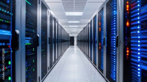 Grid Computing concept. Parallel Processing Servers in Grid Computing Data Center with Futuristic Blue Lighting
