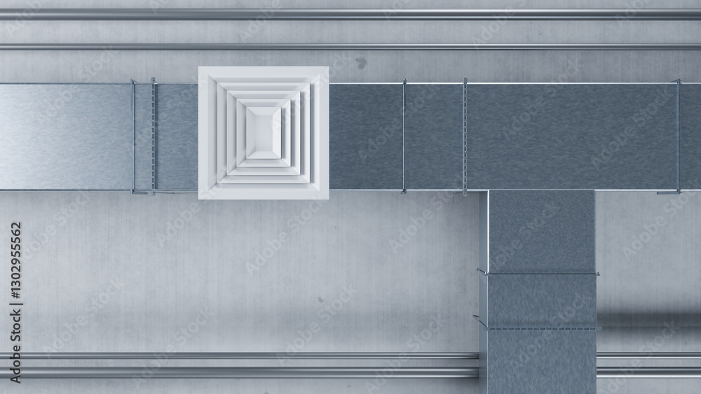 Fototapeta premium Air handling unit. Square pipes with space for air recirculation. Conditioning ducts. Aluminum vents under roof of building. Industrial utilities. Ventilation equipment. Vents background. 3d image