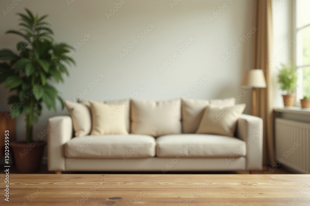 A light beige sofa with plush cushions in a sunlit living room, featuring a blurred background and a prominently displayed wooden table in the foreground. A light beige sofa with plush cushions in a sunlit living room, featuring a blurred background and a prominently displayed wooden table in the foreground.