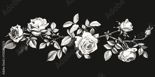Wallpaper Mural monochrome floral print featuring detailed roses and leaves arranged artistically against a black background Torontodigital.ca