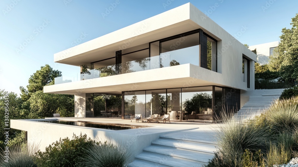 Fototapeta premium Modern Architectural Villa with Infinity Pool: Luxury Hillside Home Design