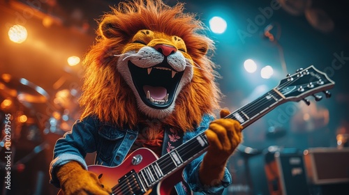kids t shirt design with cartoon lion playing guitar on stage with rockin lion text above