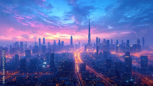 Wallpaper Mural Cityscape at sunrise, hazy skyline, skyscrapers, roads. Torontodigital.ca