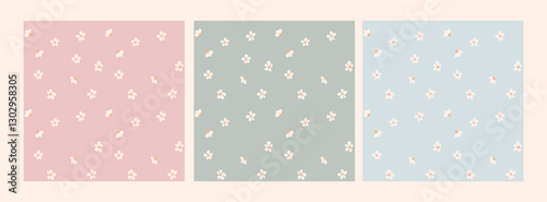 Seamless pattern with litte flowers in cream on blush, mint and baby blue background
