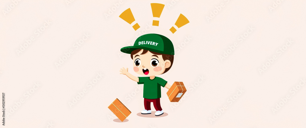 Fototapeta premium cheerful cartoon delivery boy in a green uniform delivers a package with excitement
