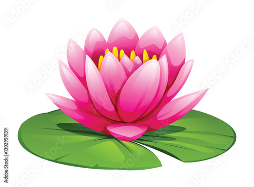 Pink water lily flower on lily pad. Vector cartoon illustration