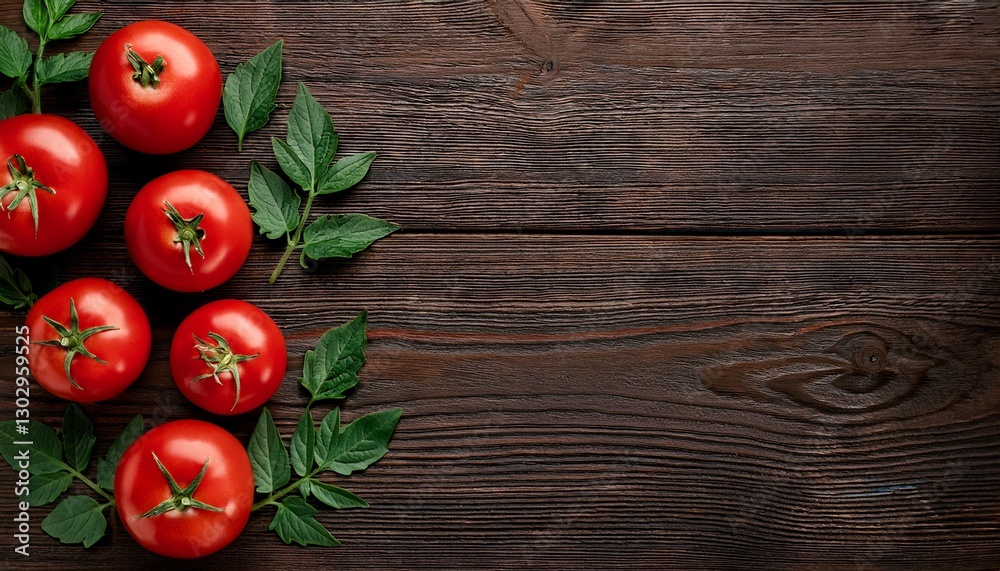 Originals of tomatoes on the right side with green leaves against a dark wooden background, Originals of tomatoes on the right side with green leaves against a dark wooden background,
