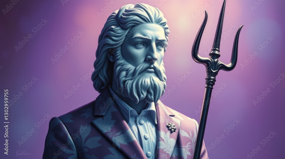 A statue of a mythological god is shown in formal wear, carrying a trident against a purple background. A statue of a mythological god is shown in formal wear, carrying a trident against a purple background.