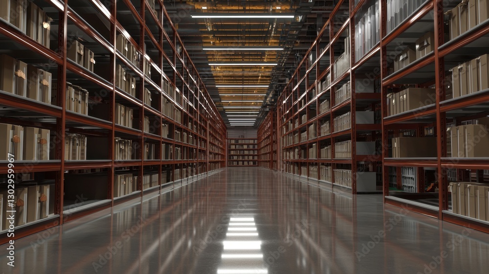 Endless rows of organized shelves in a modern document storage facility highlighting efficiency and clean design Endless rows of organized shelves in a modern document storage facility highlighting efficiency and clean design