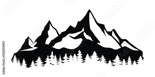 Silhouette mountain range and forest isolated on white background, vector design