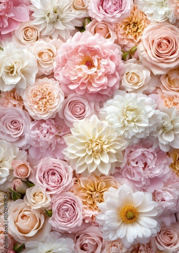 Soft pastel flowers in shades of pink and white come together to create an elegant floral arrangement, evoking romance and the freshness of spring