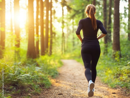 Wallpaper Mural A woman jogging on a forest path during sunset, surrounded by lush greenery. Torontodigital.ca