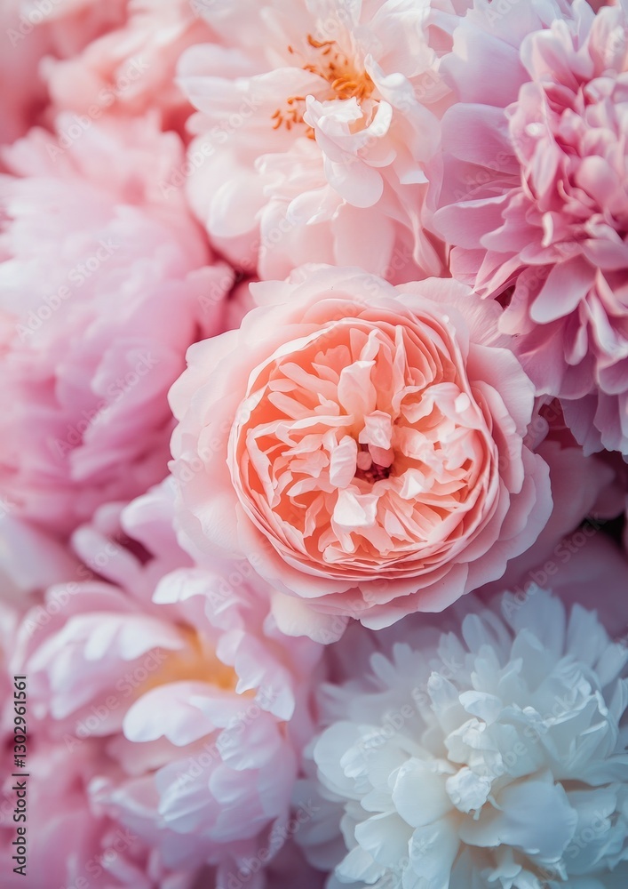 Obraz premium Soft pastel flowers create an elegant composition filled with peonies, roses, reflecting the freshness of spring and romance