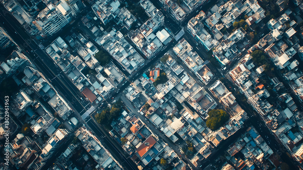 © alauli - Cityscape Aerial View of Urban Building Rooftops and Streets with Cars and Trees in Morning Sunlight