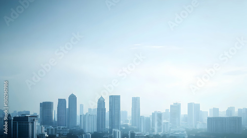 Cityscape Aerial View, Blue Toned Urban Skyline with Modern Architecture and Towering Skyscrapers Under a Soft Sky