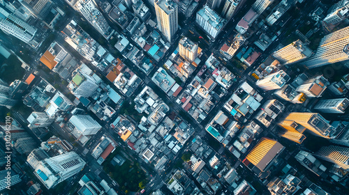 Cityscape Aerial View, Urban Metropolis Buildings, Drone Shot Downtown, Sunny Day Blue Toned Architecture, Dense Urban City Aerial Rooftops, High Rise City Buildings, Modern Business District