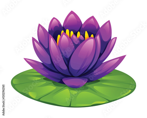 Purple water lily flower blooming on lily pad. Vector cartoon illustration
