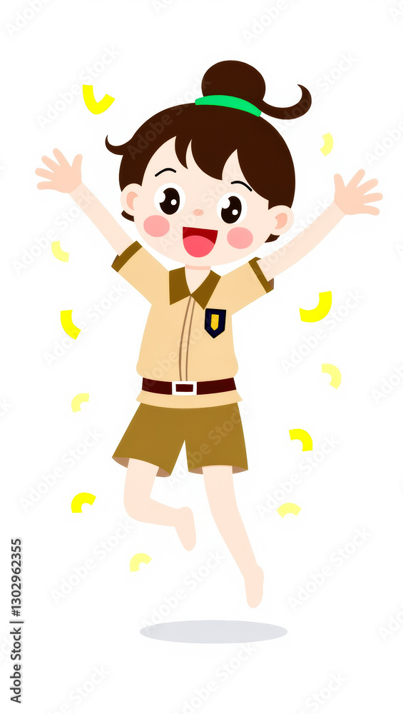 happy child in uniform joyfully leaps with confetti happy child in uniform joyfully leaps with confetti