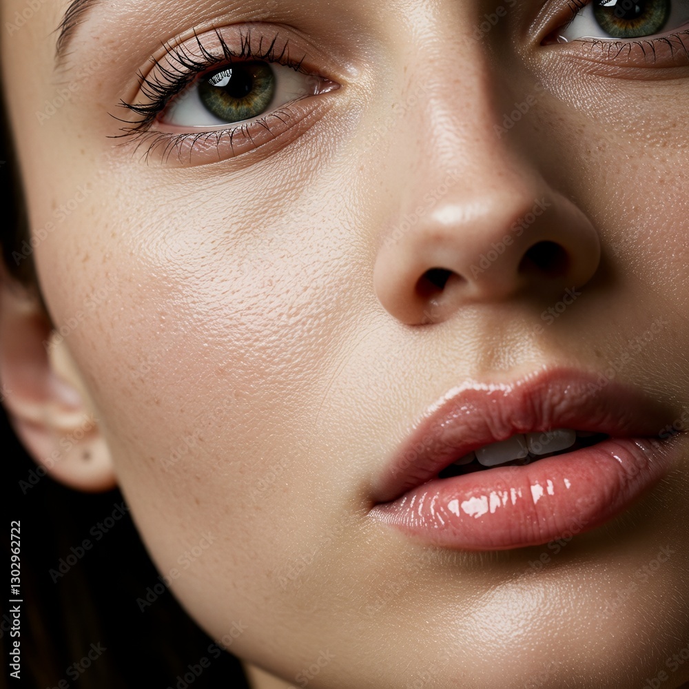Fototapeta premium Glossy Lips and Glowing Skin Close-Up | Natural Makeup Micro Portrait