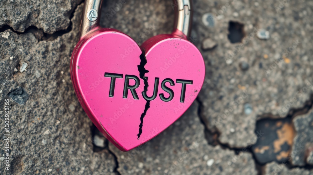 Fototapeta premium Broken Trust: A pink, heart-shaped padlock is cracked down the middle, symbolizing damaged trustworthiness.