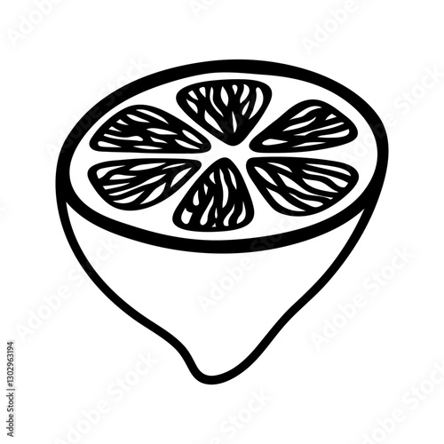 Doodle illustration of lemon half slice. Hand drawn garden fruit for healthy menu