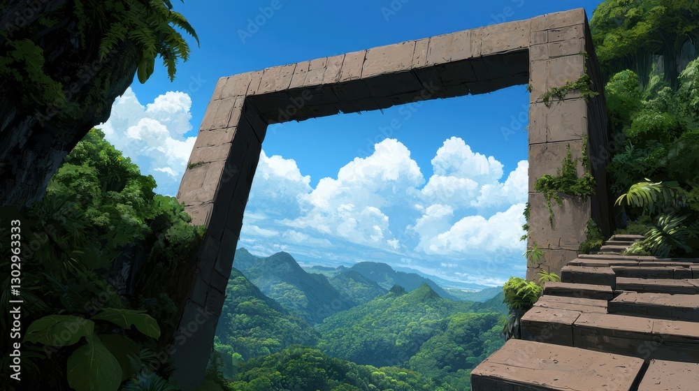 A stone archway frames a stunning landscape of mountains and clouds, inviting exploration into a lush, vibrant natural environment. A stone archway frames a stunning landscape of mountains and clouds, inviting exploration into a lush, vibrant natural environment.