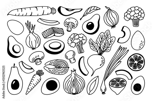 Healthy food doodle illustrations set. Hand drawn vegetables for menu and recipes